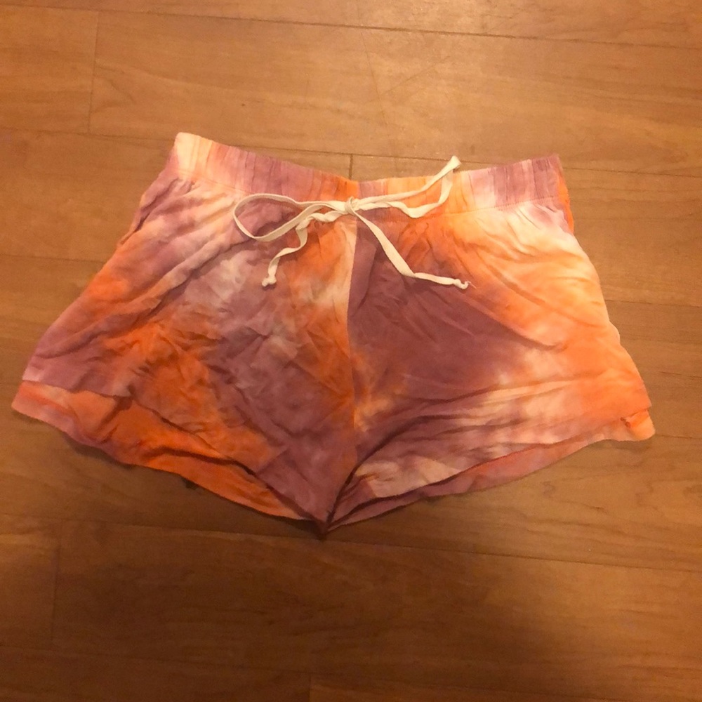 orange and purple tie-dye acid wash shorts